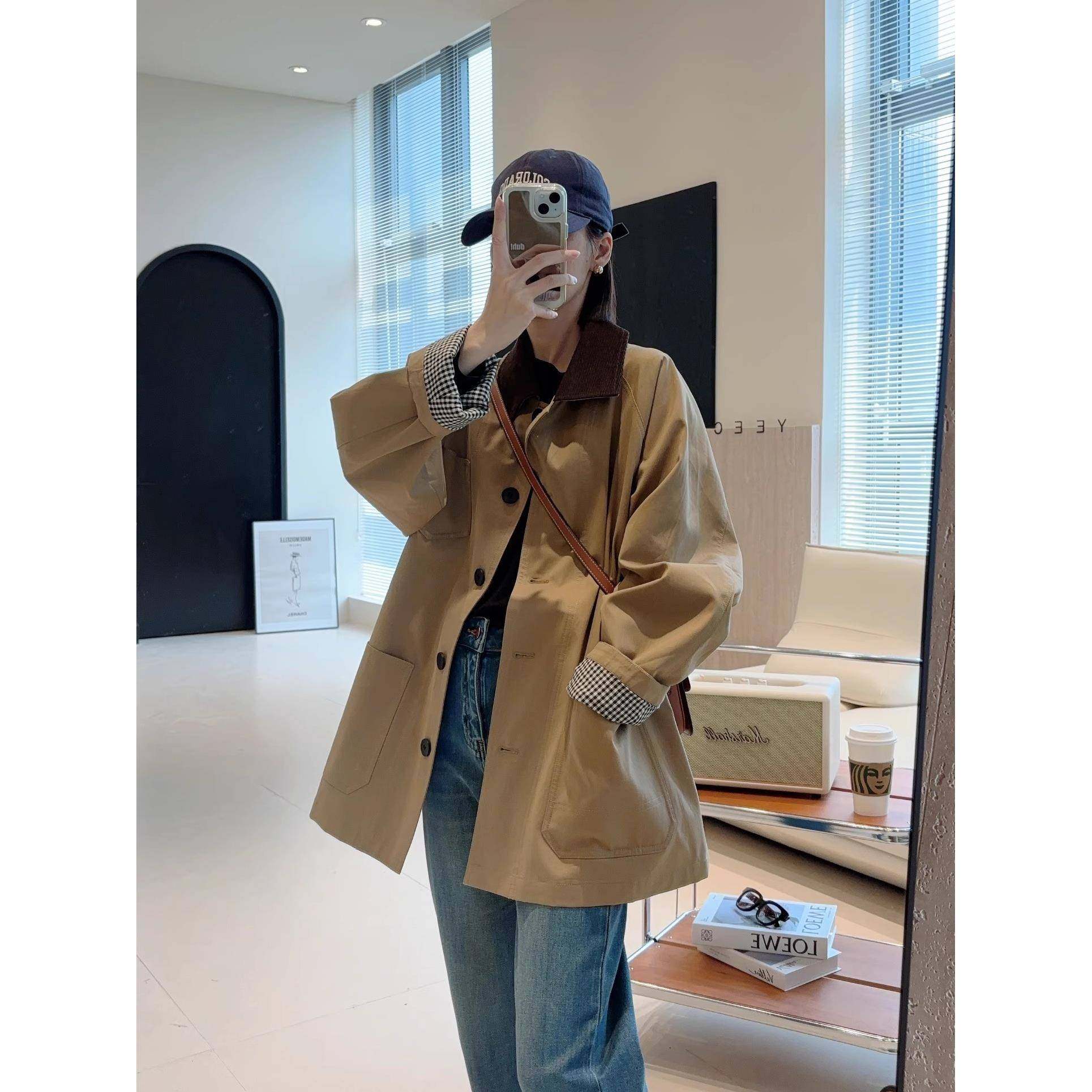 燕小麦布拉格之秋全棉廓形小个子中长款风衣女撞色宽松卡其色外套,个性定制/设计服务/DIY,工作服定制,淘宝优惠券,粉丝福利购,淘宝优惠卷