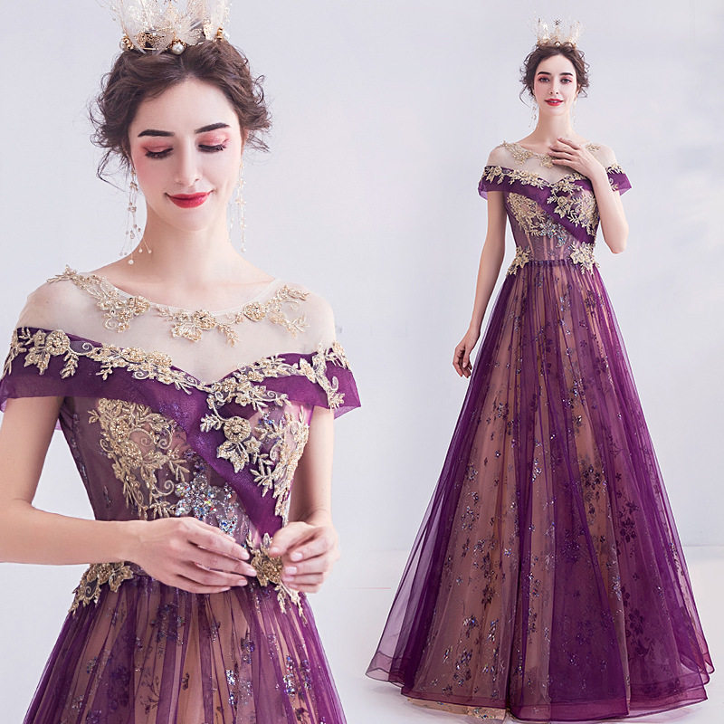 天使嫁衣奢金刺绣紫色新娘结婚敬酒服晚宴年会演出婚纱礼服蕾丝图片