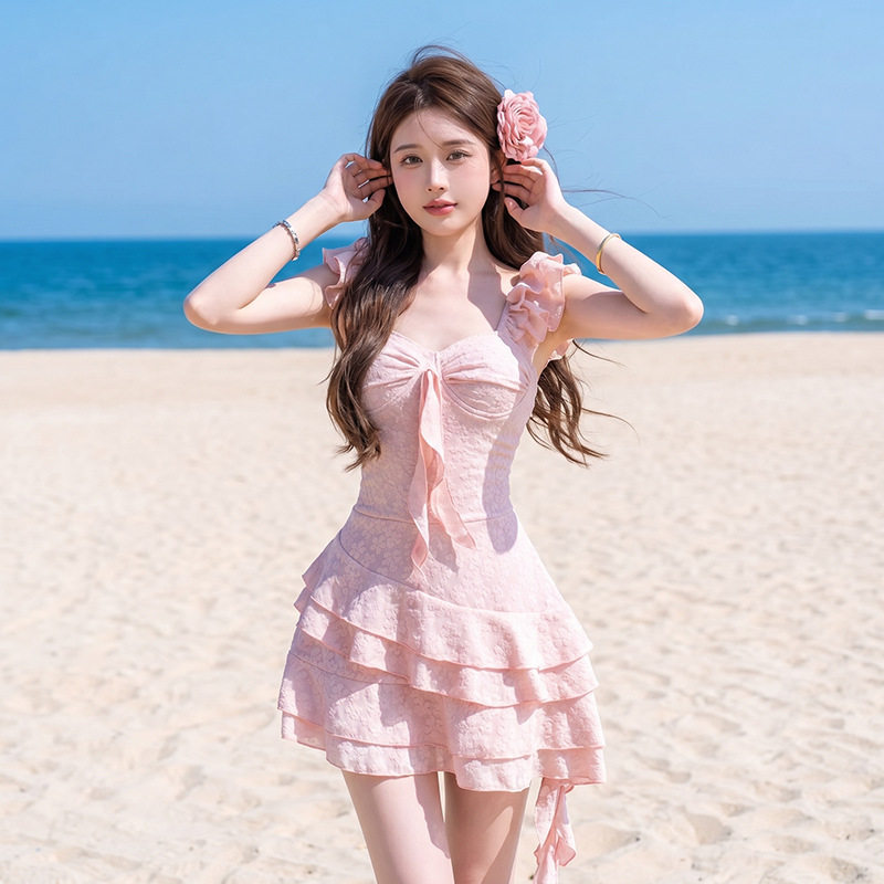 泳衣女款甜美少女连体裙式遮肚显瘦性感吊带纯欲风海边度假泡温泉
