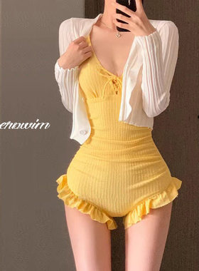 泳衣女款连体吊带纯色长袖两件套显瘦修身性感露背泡温泉泳衣优雅