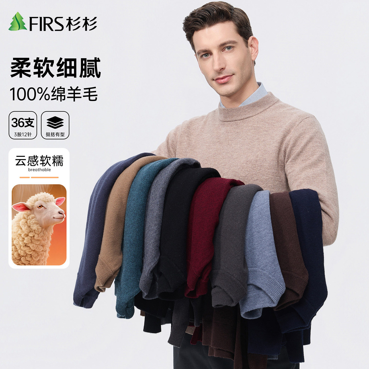 【100%绵羊毛】杉杉圆领羊毛衫