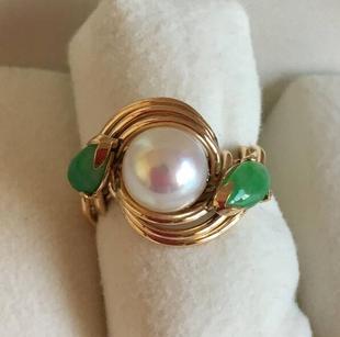 包邮 日本二手奢侈品代购 14k黄金7.9mm海水珍珠天然翡翠戒指12号