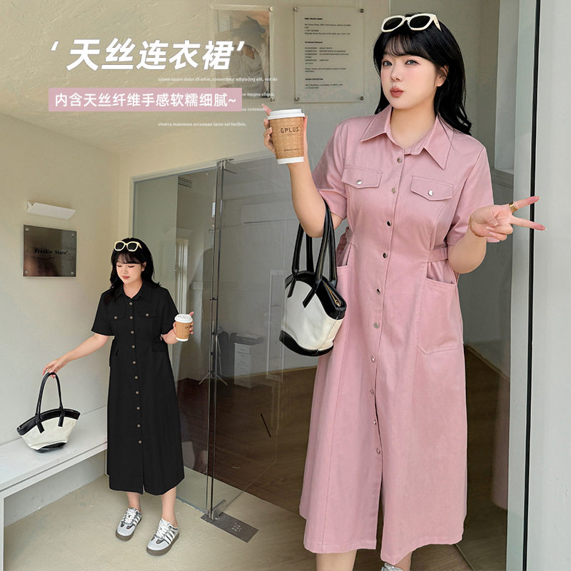 十三行大码女装大口袋收腰中长裙2025夏季新款短袖职场连衣裙