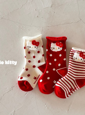 伊卡兔秋冬款袜子儿童袜可爱日系卡通hellokitty猫蝴蝶结公主4双