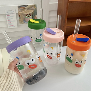 高颜值可爱趣味表情涂鸦水杯玻璃杯吸管杯带盖大容量饮料杯牛奶杯