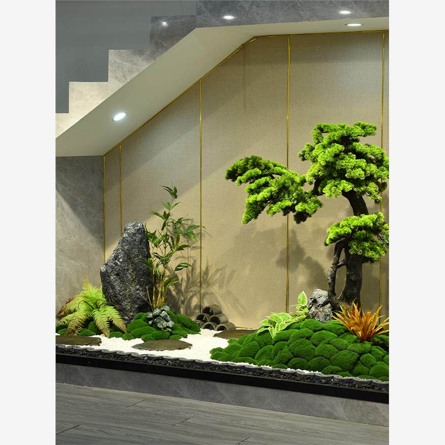 室内摆件新中式楼梯下造景装饰摆件仿真绿植迎客松假山枯山水景观