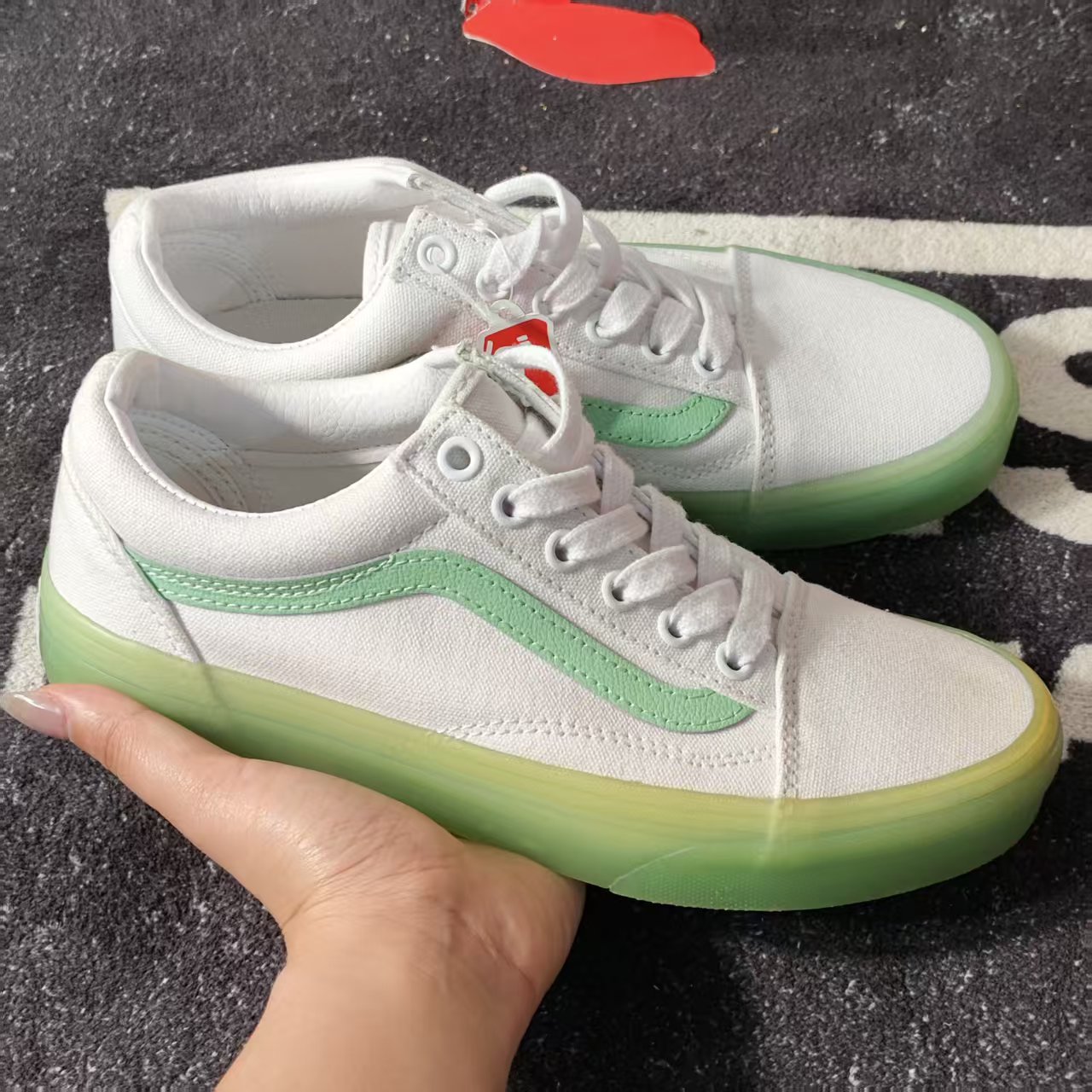 Vans OlSkool白绿渐变透明底帆布鞋清新少女休闲板鞋VN0000SBWGR