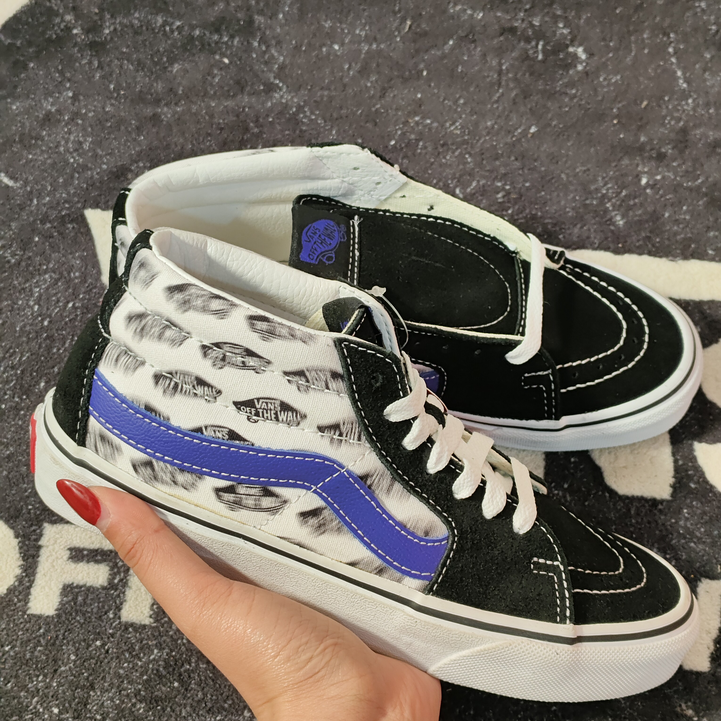 Vans Sk8-Mid 黑白蓝印花中帮板鞋VN0A3WM3T2N男女同款休闲帆布鞋