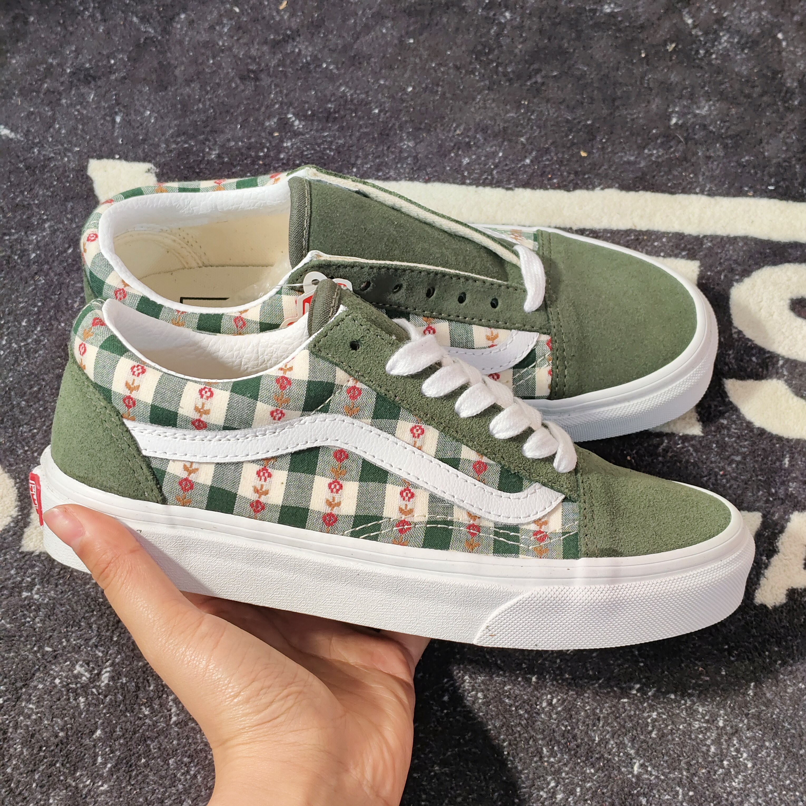 Vans Old Skool绿格纹碎花拼接低帮休闲鞋 VN0A3WKT4RU