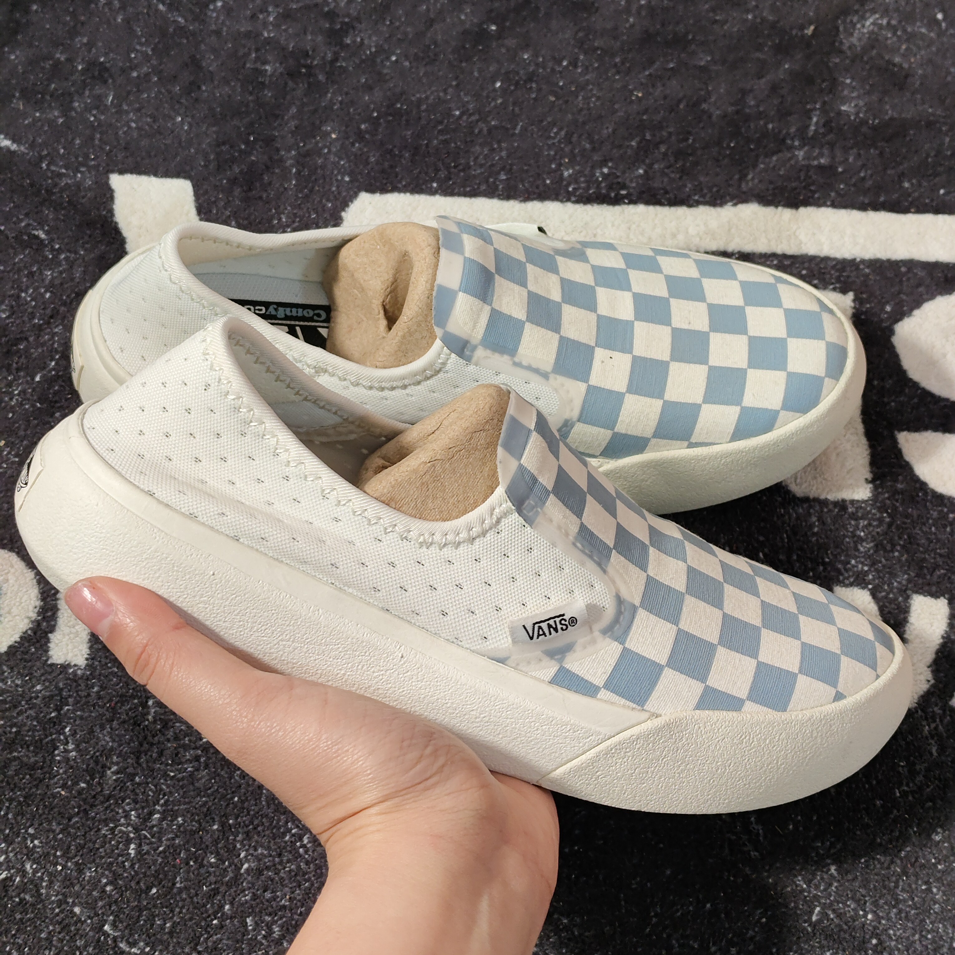 Vans ComfyCush蓝白棋盘格一脚蹬VN0A45J57Z2休闲帆布鞋