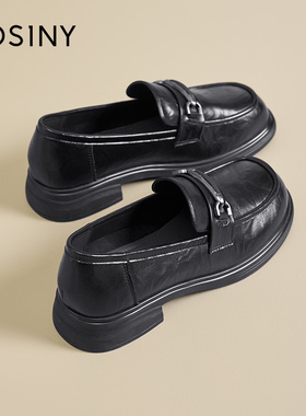英伦风黑色乐福鞋女金属扣一脚蹬百搭小皮鞋粗跟单鞋女鞋厚底圆头