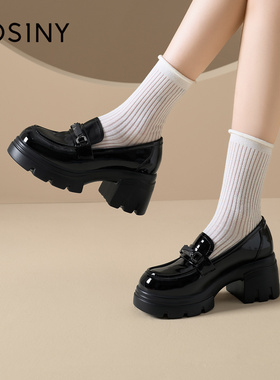 卓诗尼乐福鞋女2026新款春季英伦风小皮鞋一脚蹬黑色粗跟女单鞋子