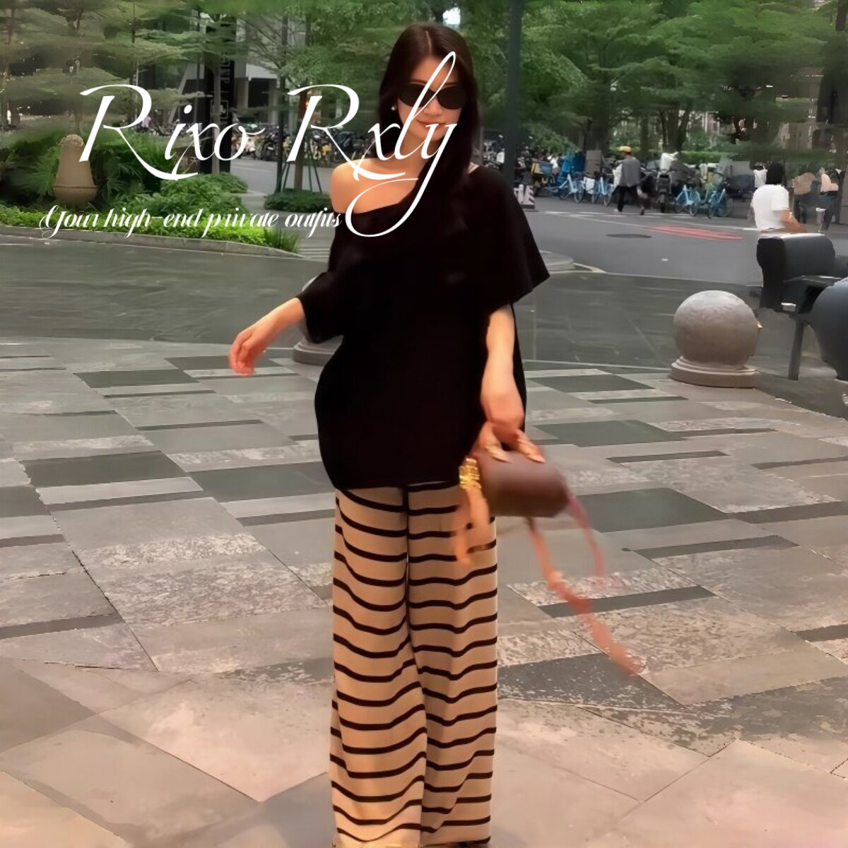 RIXO RXLY斜领露肩短袖T恤女士夏季慵懒风松弛感休闲条纹阔腿长裤