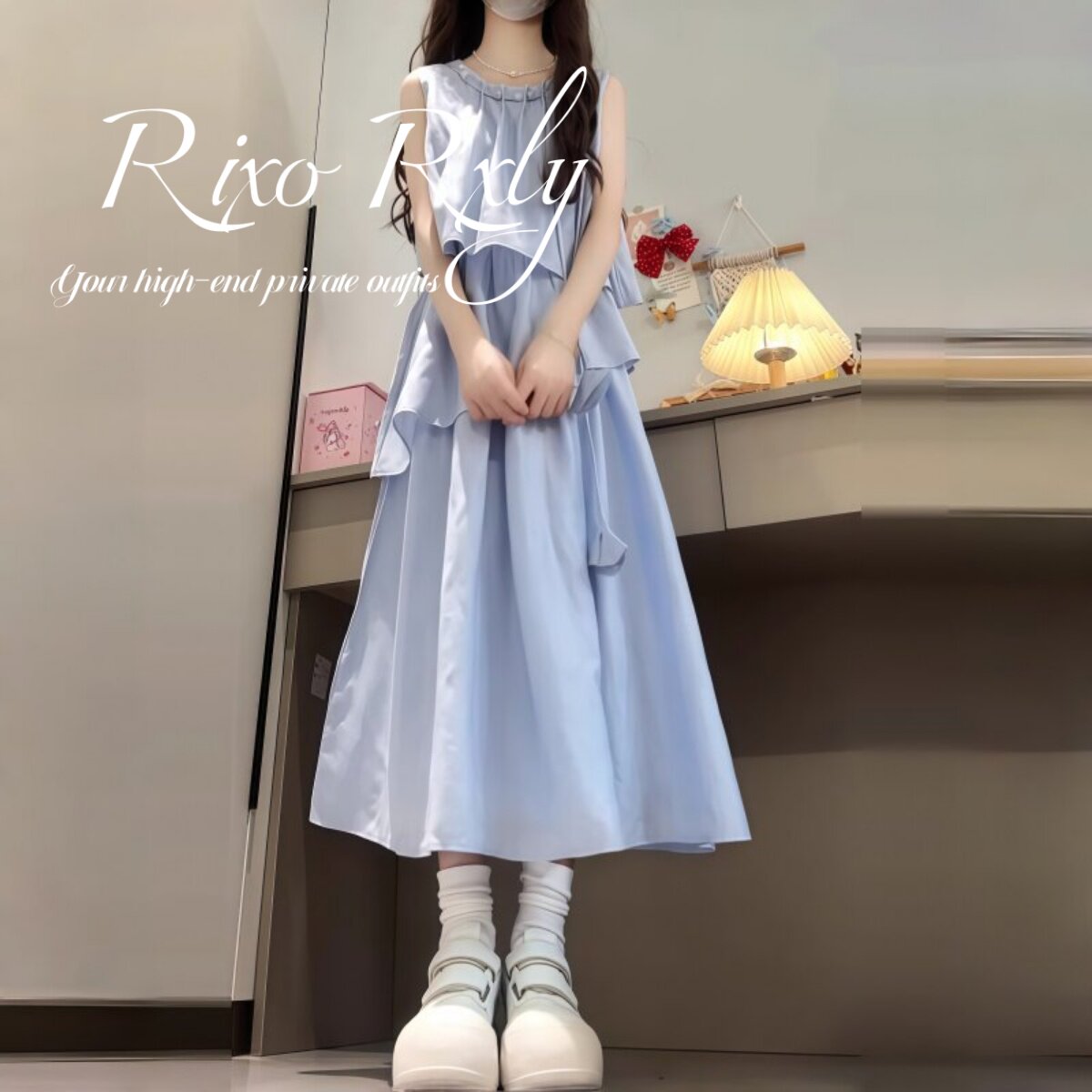 RIXO RXLY法式蓝色洋装女士夏季中长版无袖挂颈A字裙显瘦长裙子