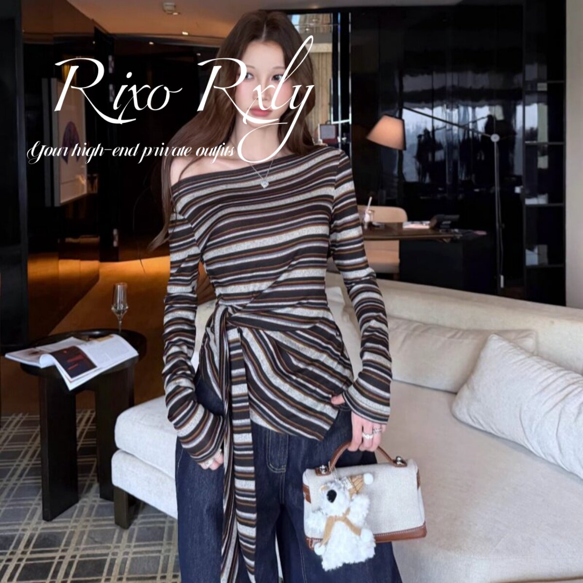 RIXO RXLY条纹长袖内搭打底衫女春秋季休闲风复古收腰修身显瘦T恤
