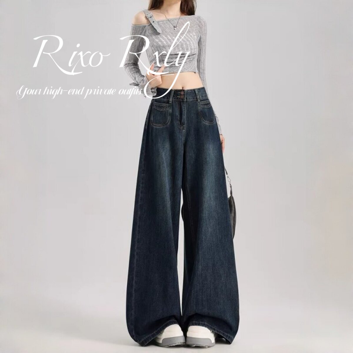 RIXO RXLY大码阔腿牛仔裤女春夏高腰显瘦直筒裤梨型身材休闲裤子
