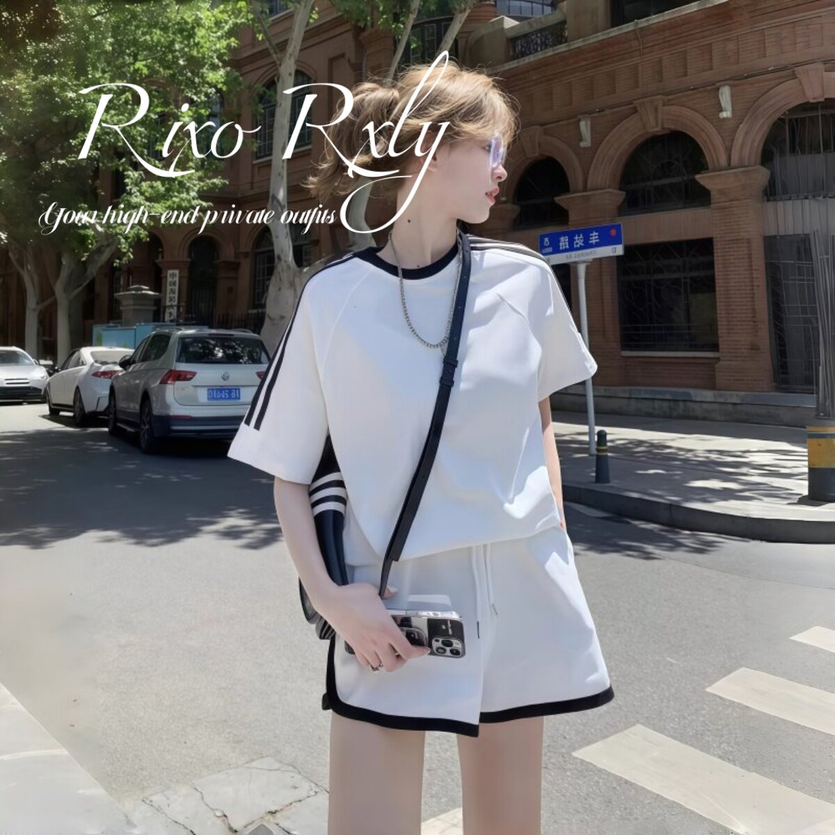 RIXO RXLY两条杠时尚运动套装女夏季韩版宽松显瘦圆领短袖T恤短裤