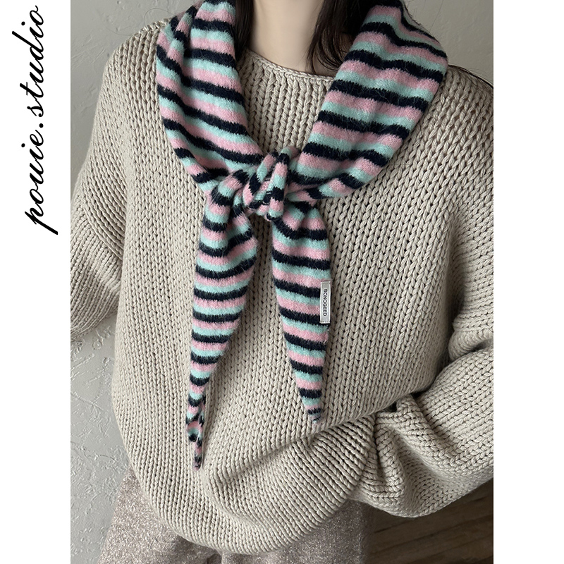 潮流彩色条纹针织三角巾披肩女秋冬新款韩版时尚百搭保暖护颈围巾