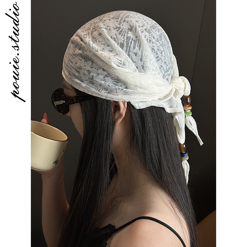 波西米亚风复古蕾丝花朵串珠三角巾女时尚气质休闲百搭包头巾领巾