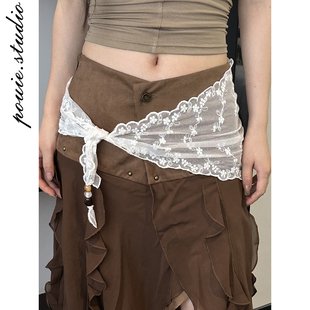 日系文艺白色蕾丝串珠菱形长条丝巾女韩系百搭高级感装饰领巾腰巾