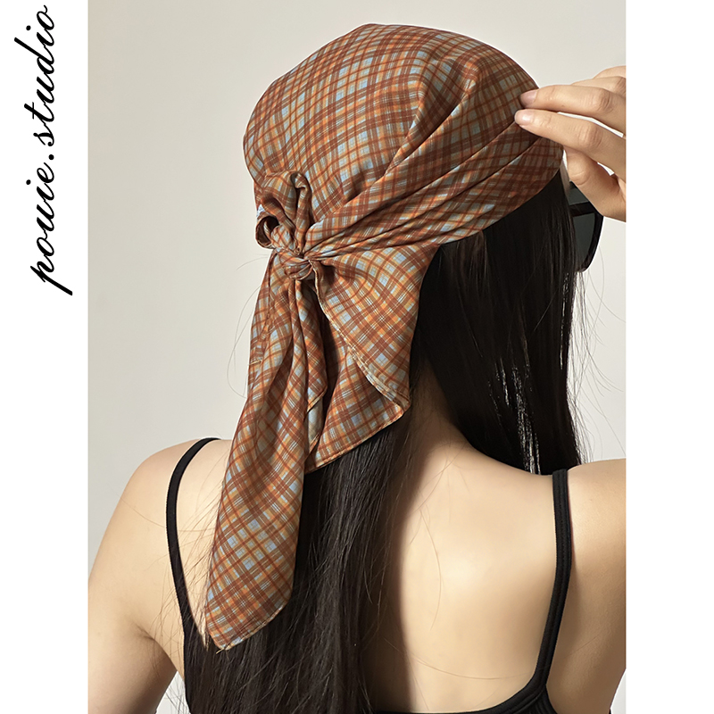 韩版ins渐变格子小方巾包头巾