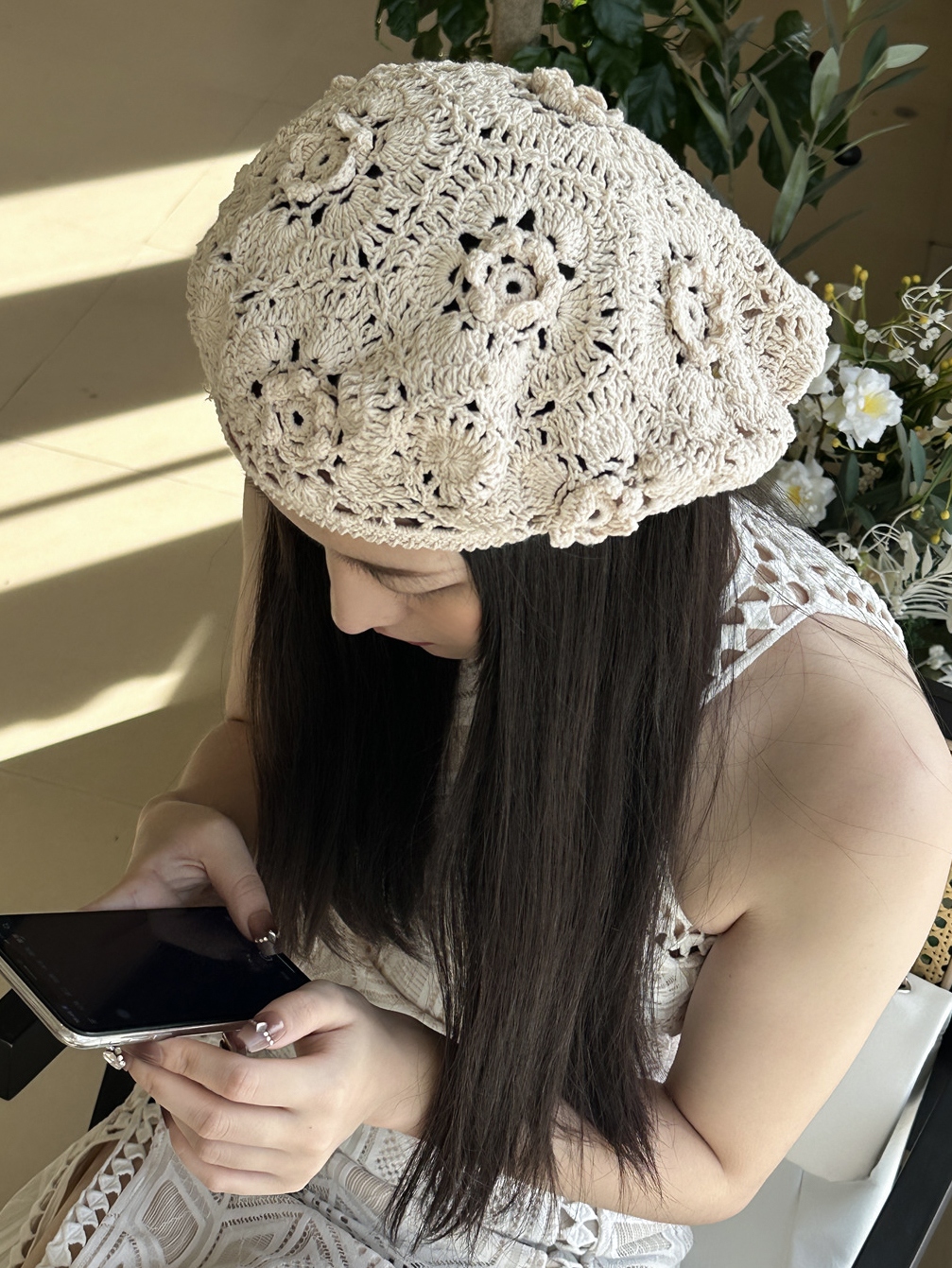 日系女夏手工钩花镂空针织贝雷帽