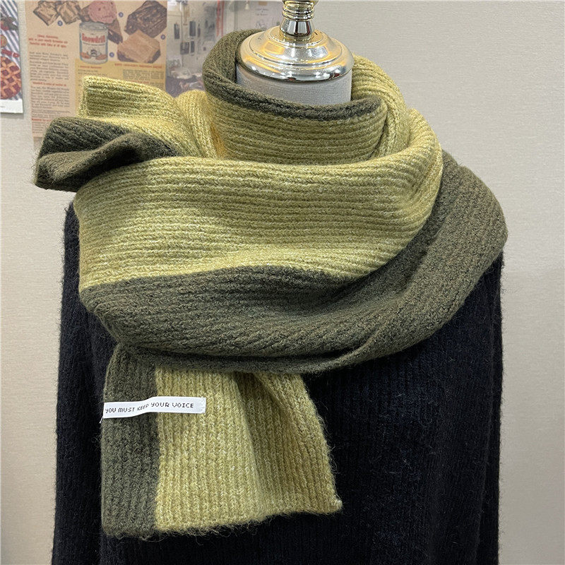 抹茶绿拼色围巾温柔百搭秋冬季保暖加厚羊毛混纺针织毛线围脖少女