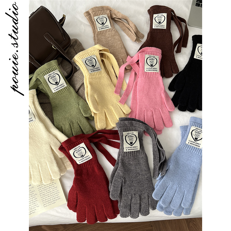 韩系氛围感大布标绑带针织手套女冬季保暖防寒露指可触屏分指手套