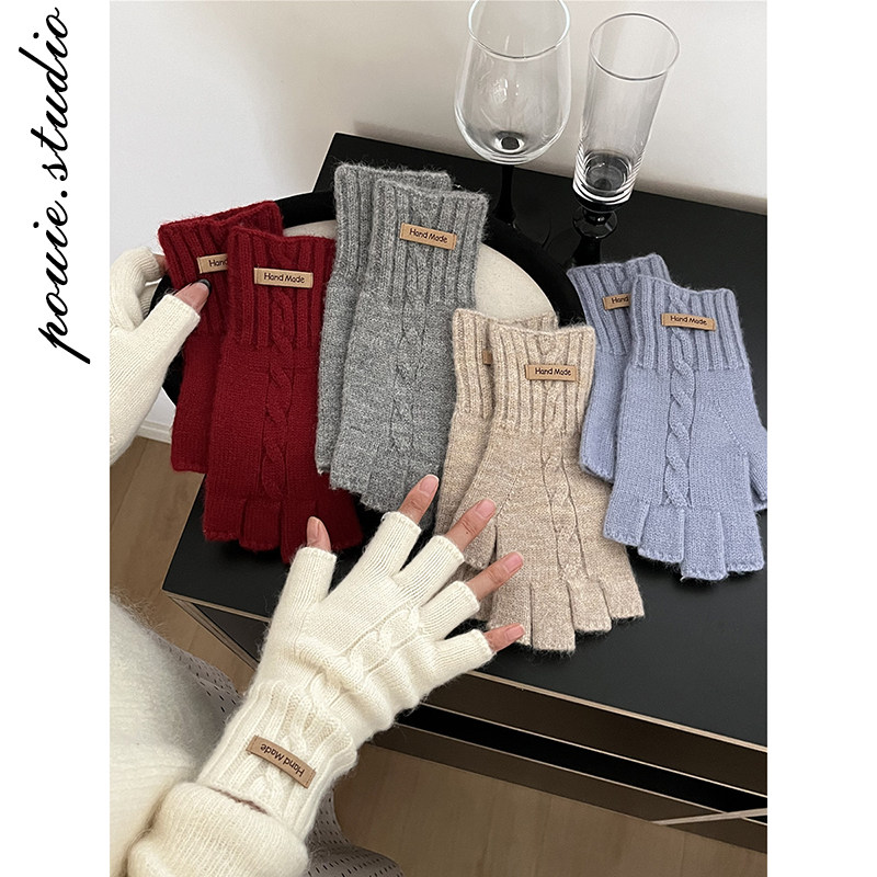 韩版简约纯色针织麻花半指手套