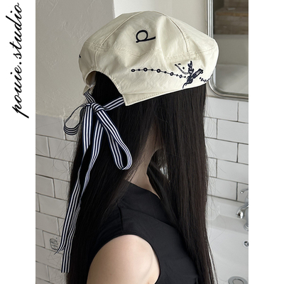日系复古刺绣花系带海军风贝雷帽