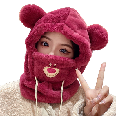 可爱小熊口罩一体帽毛绒护耳帽子