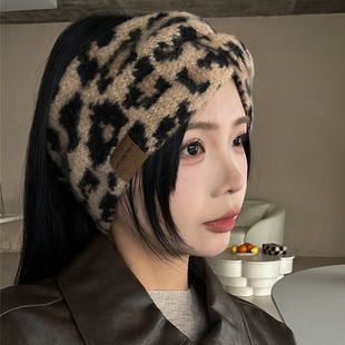 秋冬新款复古豹纹针织束发带头巾女韩版百搭保暖加厚多用装饰头箍