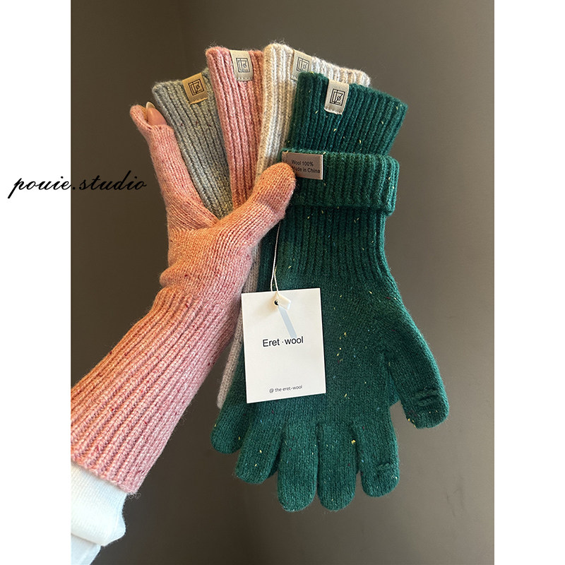 韩版ins风秋冬保暖纯羊毛针织手套女露指可触屏保暖毛线护腕骑行