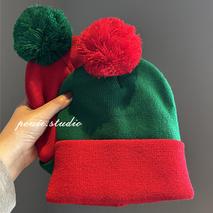 圣诞帽子红色毛球帽女秋冬新款万圣节拼色百搭显脸小保暖套头帽