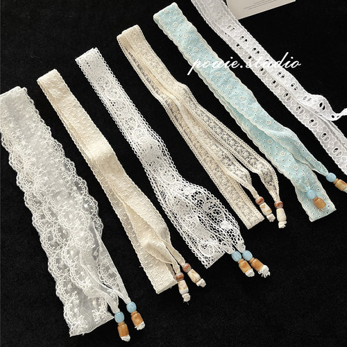 白色蕾丝串珠细长条丝巾装饰领巾