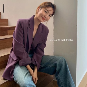 SAINA秋装新款2023韩国复古小众气质葡萄紫色廓形休闲西装外套女