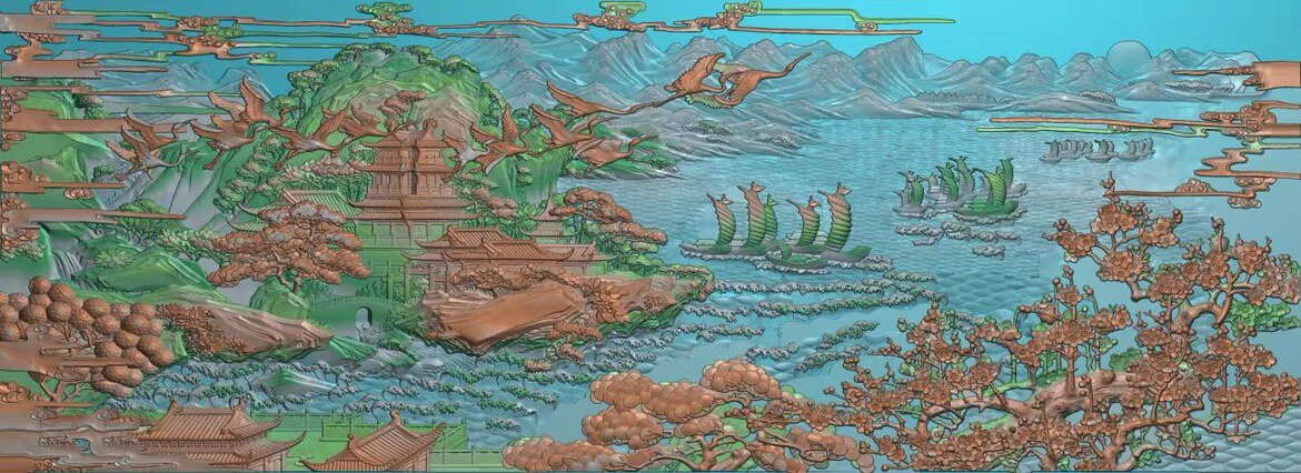 精雕图山水房子花鸟 旭日东升 东阳木雕工艺品挂件屏风扫描精雕图