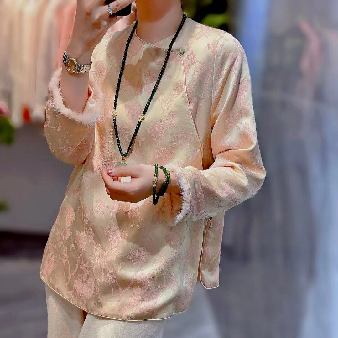 圆领国风人丝提花拼貂毛小上衣女装新年新气象潮流新中式潮流时尚