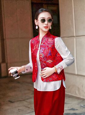 重磅真丝云锦马甲新年战袍减龄洋气红色背心外穿女装春款国风上衣