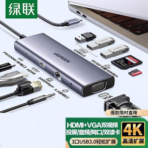 绿联CM498 Type-C扩展坞拓展坞USB分线器HDMI/VGA网口HUB 15601