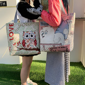 韩版 ins学生帆布袋女文艺民族单肩包小清新亚麻面料短途旅行大包