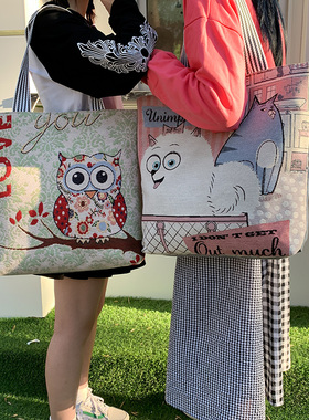 韩版ins学生帆布袋女文艺民族单肩包小清新亚麻面料短途旅行大包