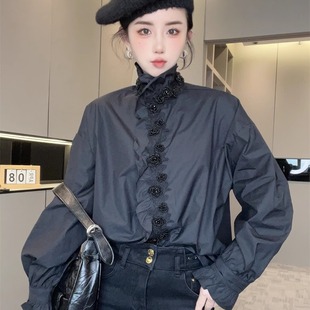 2025新款 衬衫 现货 女轻奢春秋立领木耳边上衣 立体玫瑰花朵长袖
