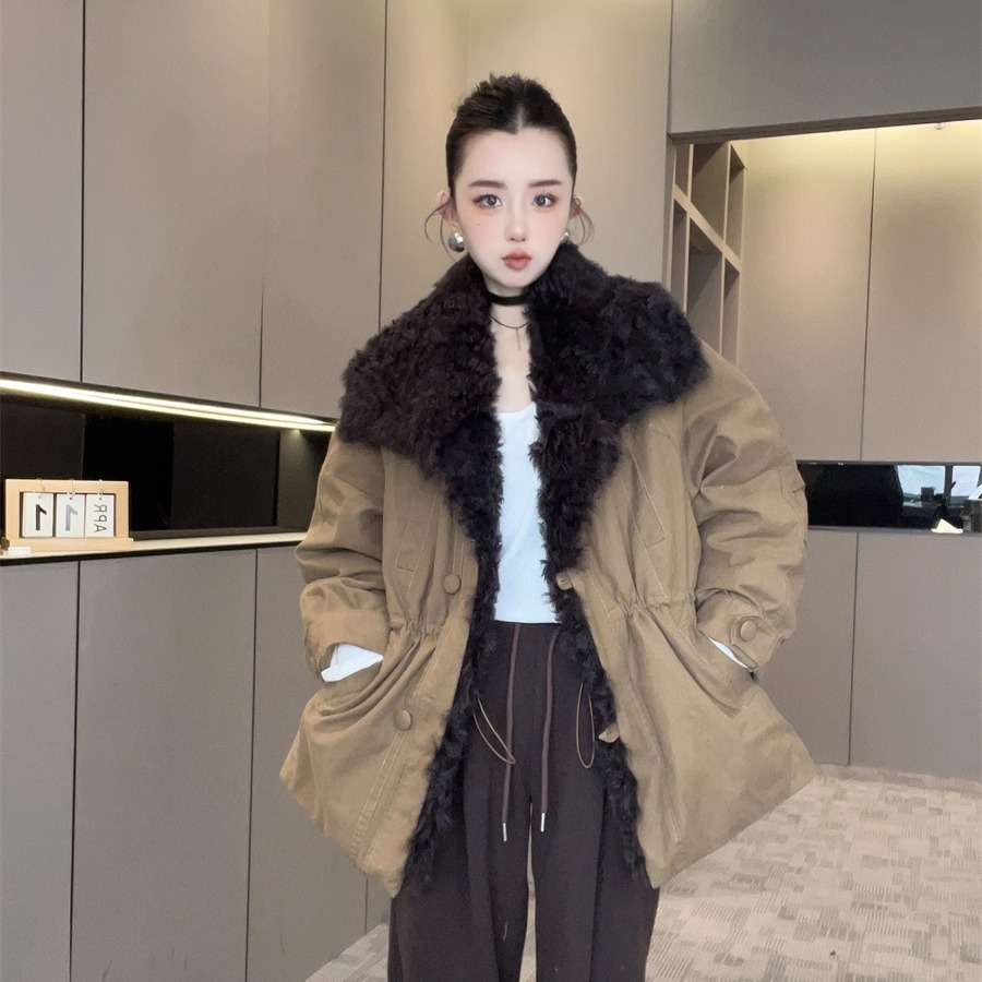 收腰派克服羽绒服女2025新款秋冬毛领翻领保暖外套中长款上衣欧货