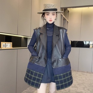 砍袖 翻领中长款 格子拼皮马甲女2025新款 外套高端洋气上衣 现货