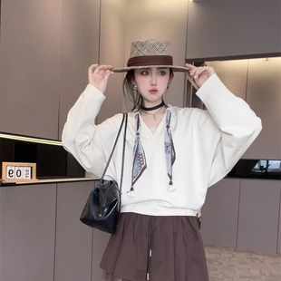 丝巾抽绳长袖 落肩宽松纯色上衣欧洲站早秋 t恤2025新款 女V领蝙蝠袖