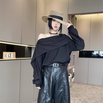 一字领露肩长袖T恤女2025新款
