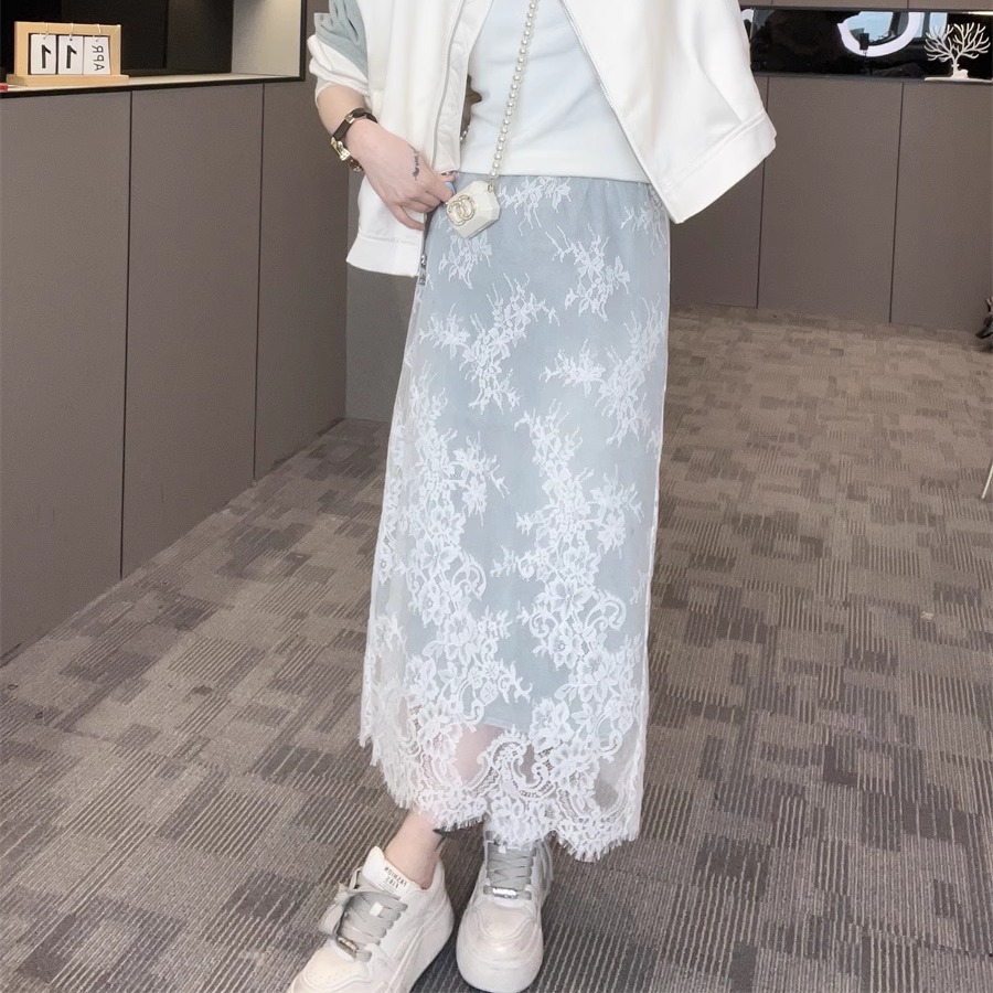 蕾丝牛仔半身裙直筒裙长裙裙子