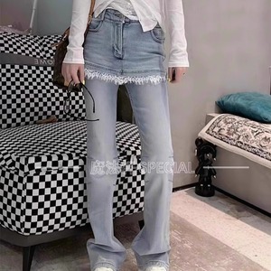 纯色微喇裤裙裤牛仔裤女2025早春新款蕾丝拼接显瘦长裤欧货裤子Q