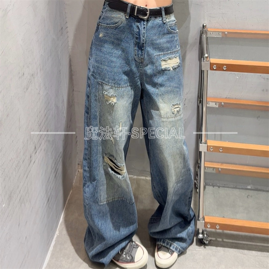 秋新破洞高腰阔腿显瘦牛仔裤女
